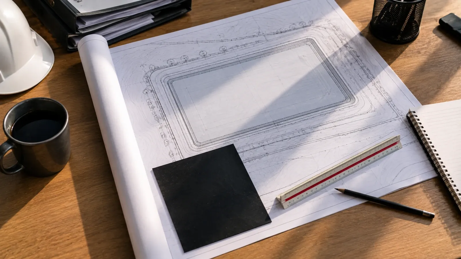 Site drawings and an HDPE geomembrane sample used to prepare a lining quotation