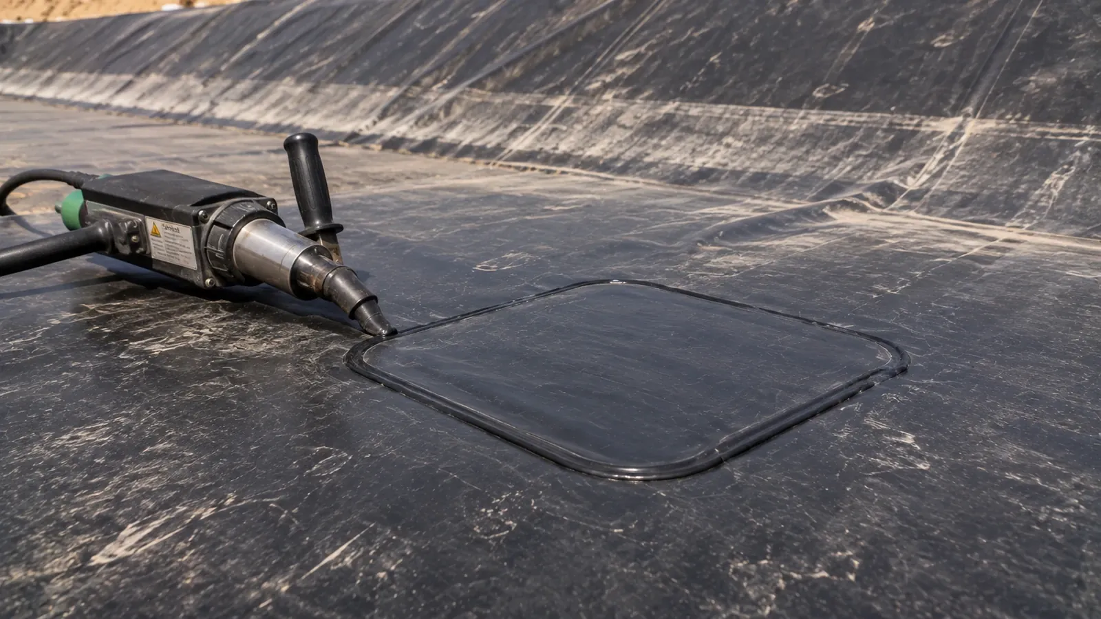 Geomembrane repair — an extrusion welded patch with rounded corners on a pond liner