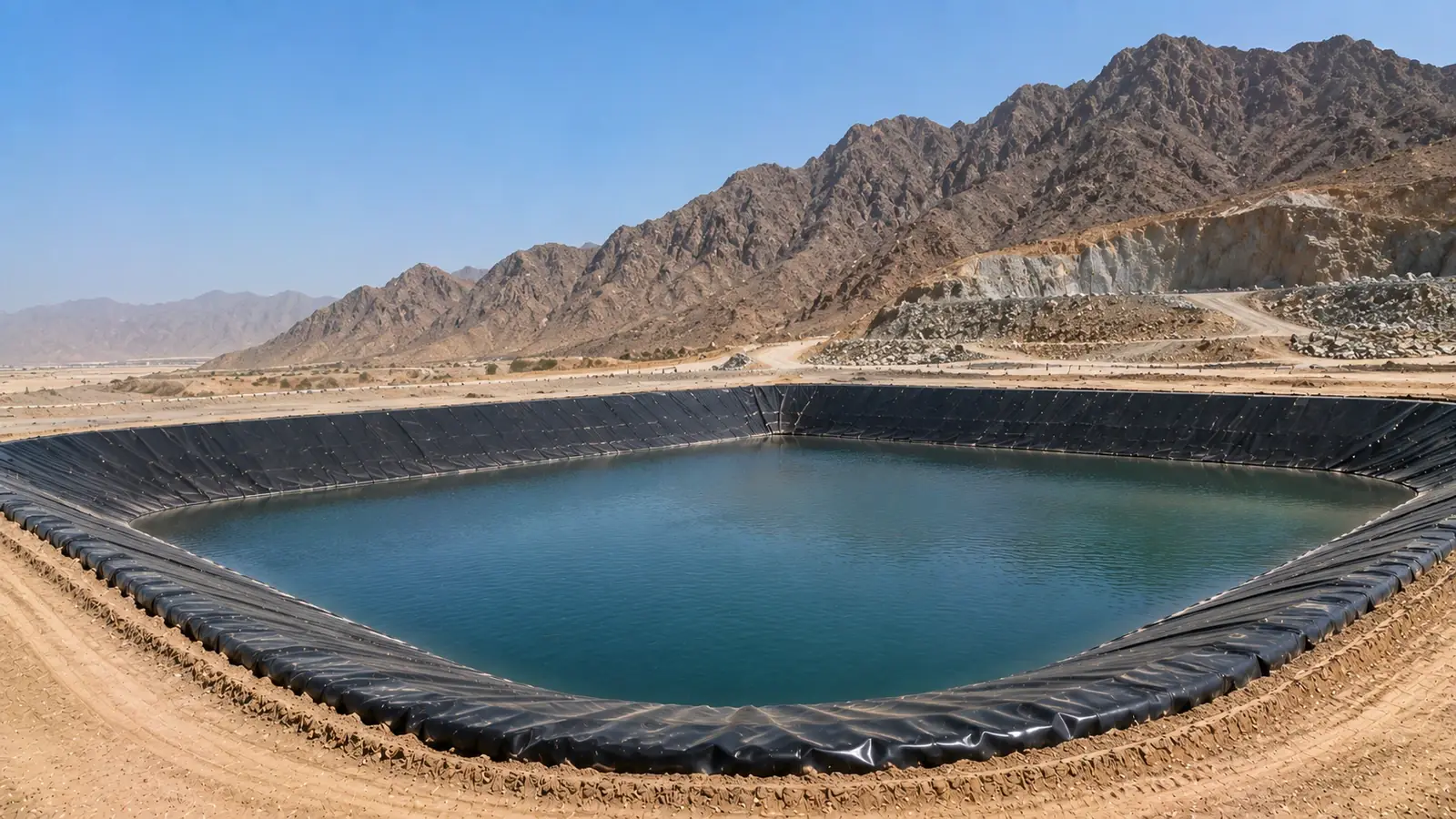 HDPE geomembrane suppliers in Abu Dhabi lining an industrial containment pond