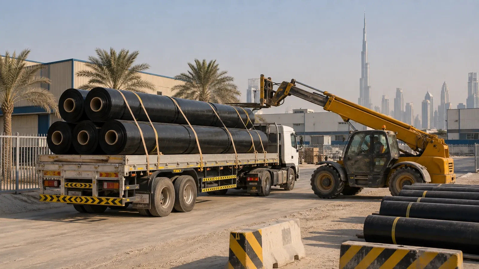 HDPE geomembrane services in the UAE — liner rolls, welding equipment and geotextile on site