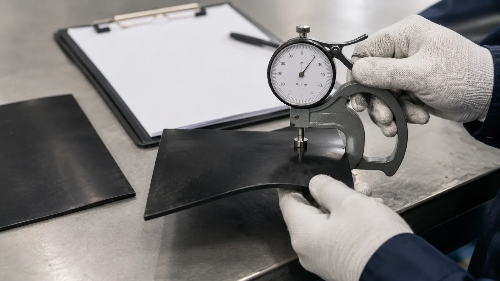 HDPE geomembrane specification testing — measuring liner thickness with a gauge