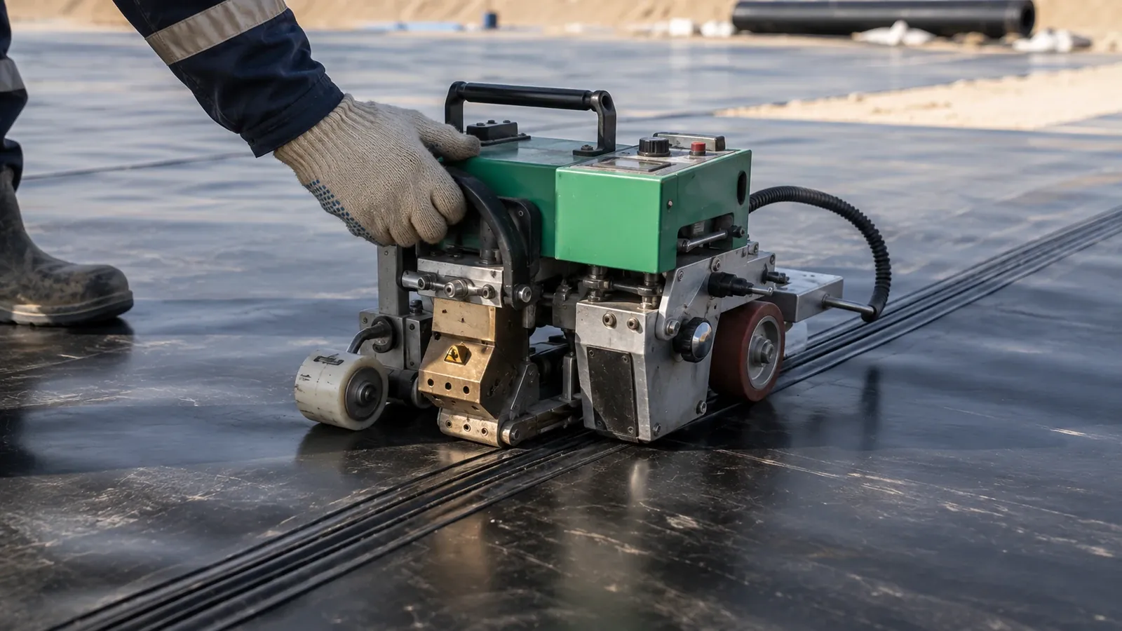 HDPE liner installation with a hot wedge welding machine seaming two geomembrane panels