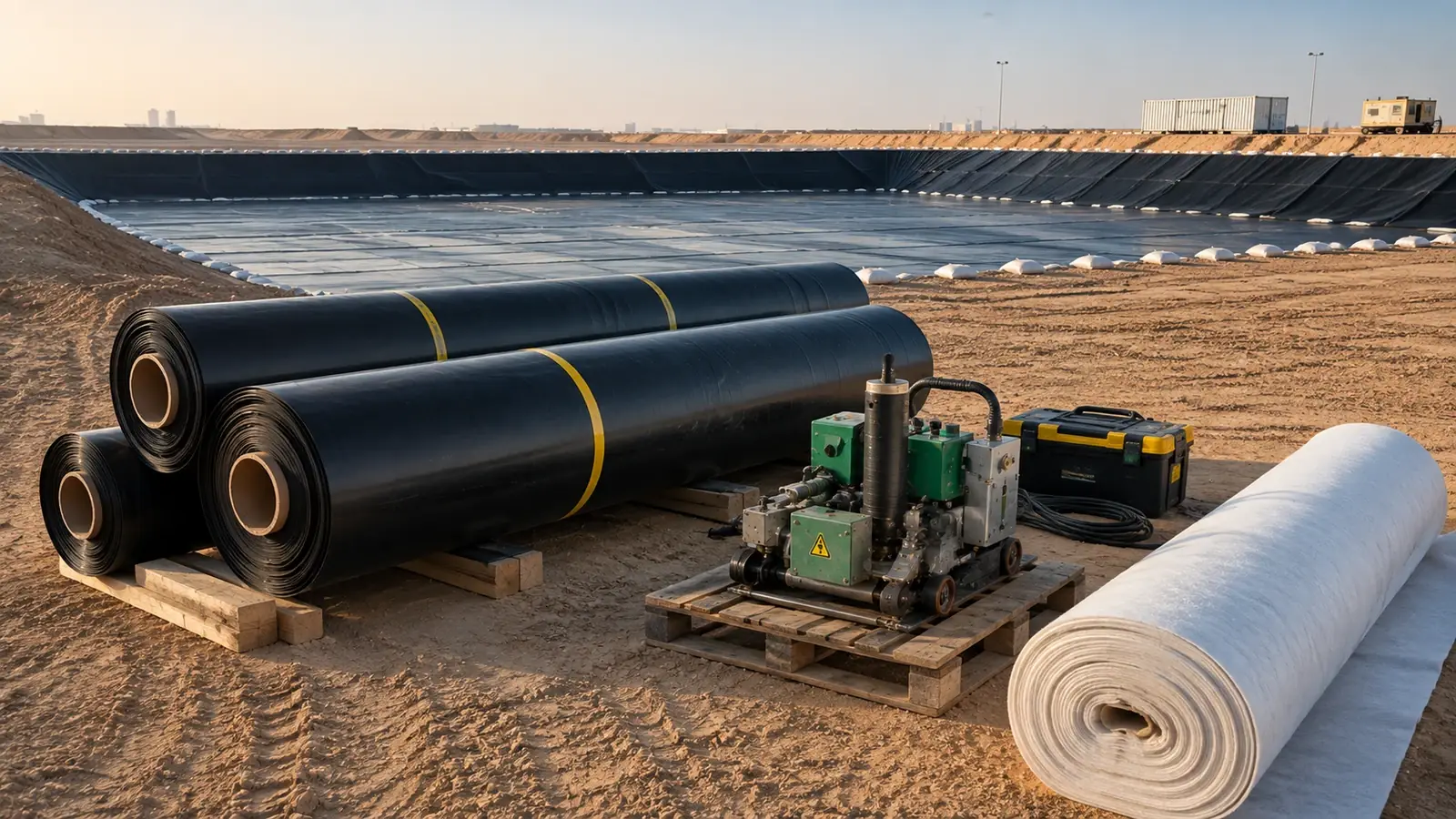 HDPE liner sheet being unrolled across a prepared sand subgrade