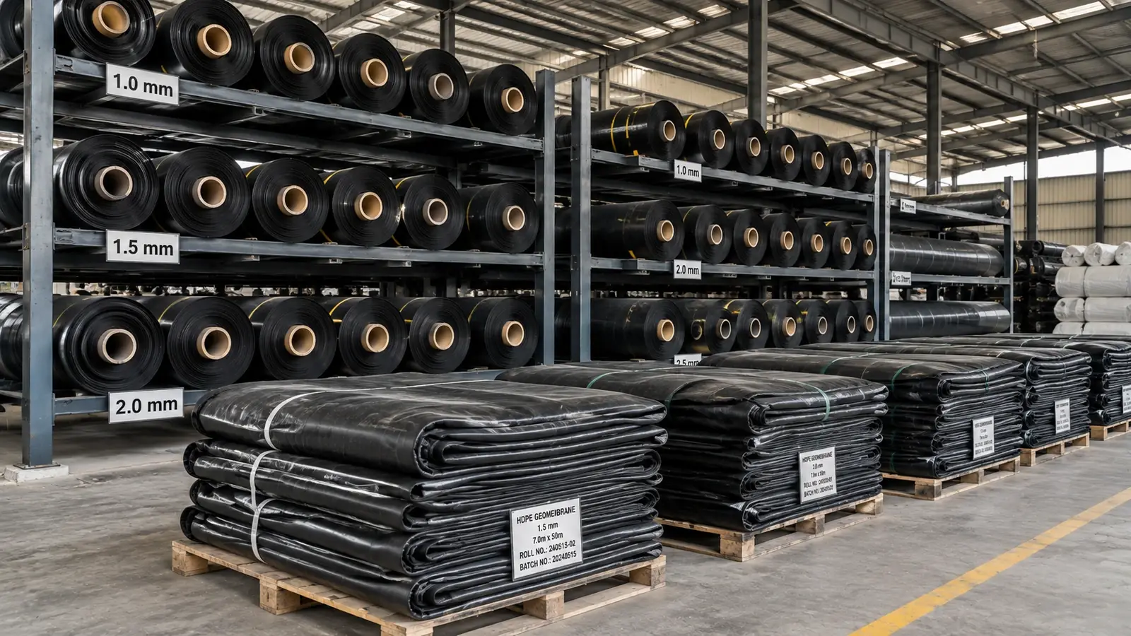 HDPE sheet suppliers in UAE — geomembrane rolls and folded panels in a storage yard